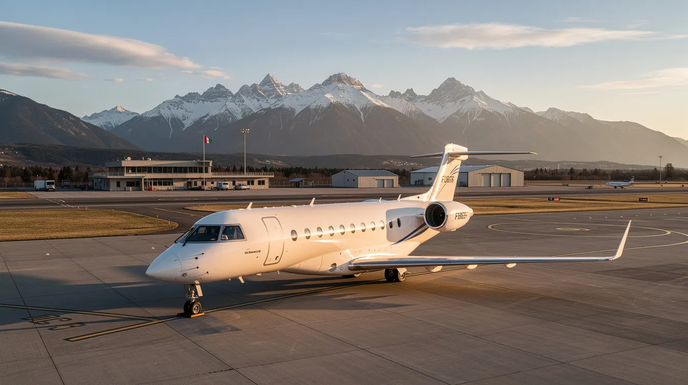 A sleek private jet is parked on the tarmac of a quiet regional airport, with majestic mountains rising in the background, illustrating the serene environment where military and civilian aircraft coexist. This setting highlights the contrast between the raw power of military jets, capable of supersonic speeds, and the calmness of private aviation.