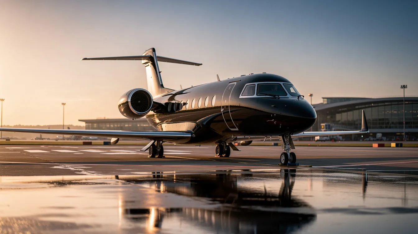The image depicts a sleek black private jet, showcasing its sophisticated design and elegant appearance against a clear sky. This luxurious aircraft represents the ultimate in travel, combining comfort and style for those seeking a refined escape.