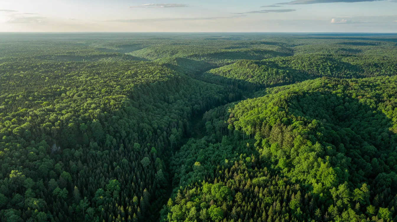 An aerial view captures a lush green forest canopy, with vibrant shades of green stretching endlessly to the horizon, symbolizing life and the beauty of nature. The scene evokes a sense of tranquility and connection to the world, inviting viewers to appreciate the delicacy and richness of this natural landscape.