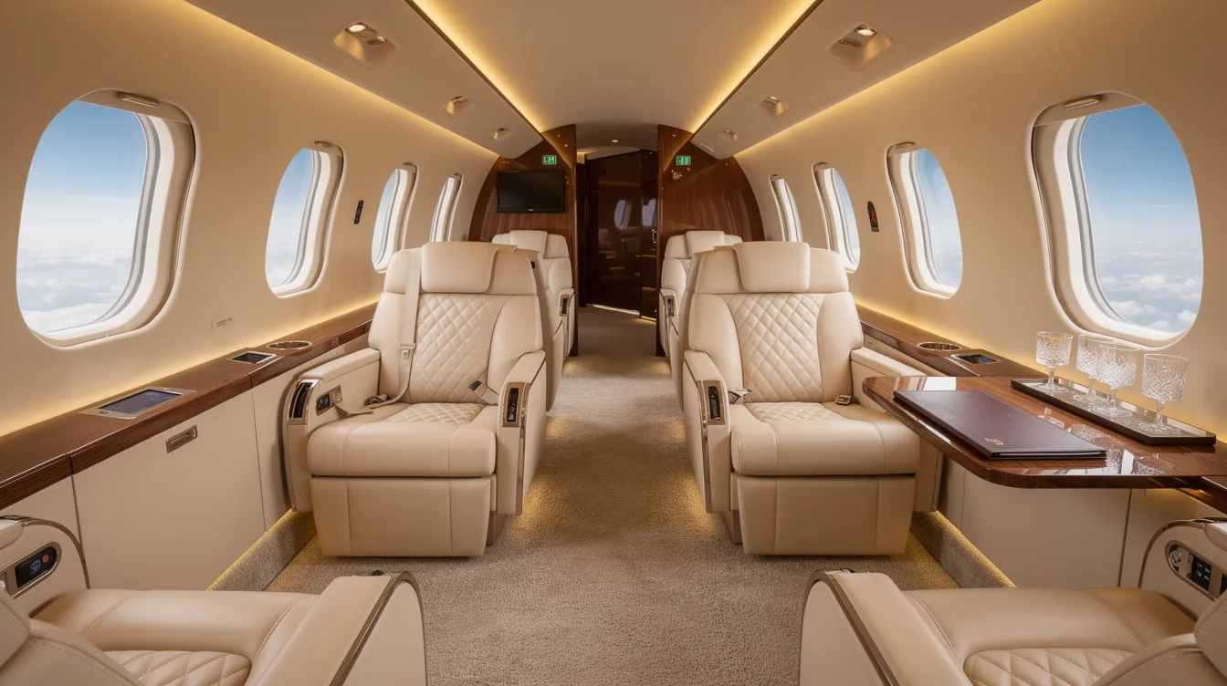 The image depicts the luxurious interior of a large-cabin private jet, featuring plush leather seats and sophisticated ambient lighting that creates a warm and inviting atmosphere. The design combines elegance and comfort, making it a perfect escape for travelers seeking a refined experience in the sky.