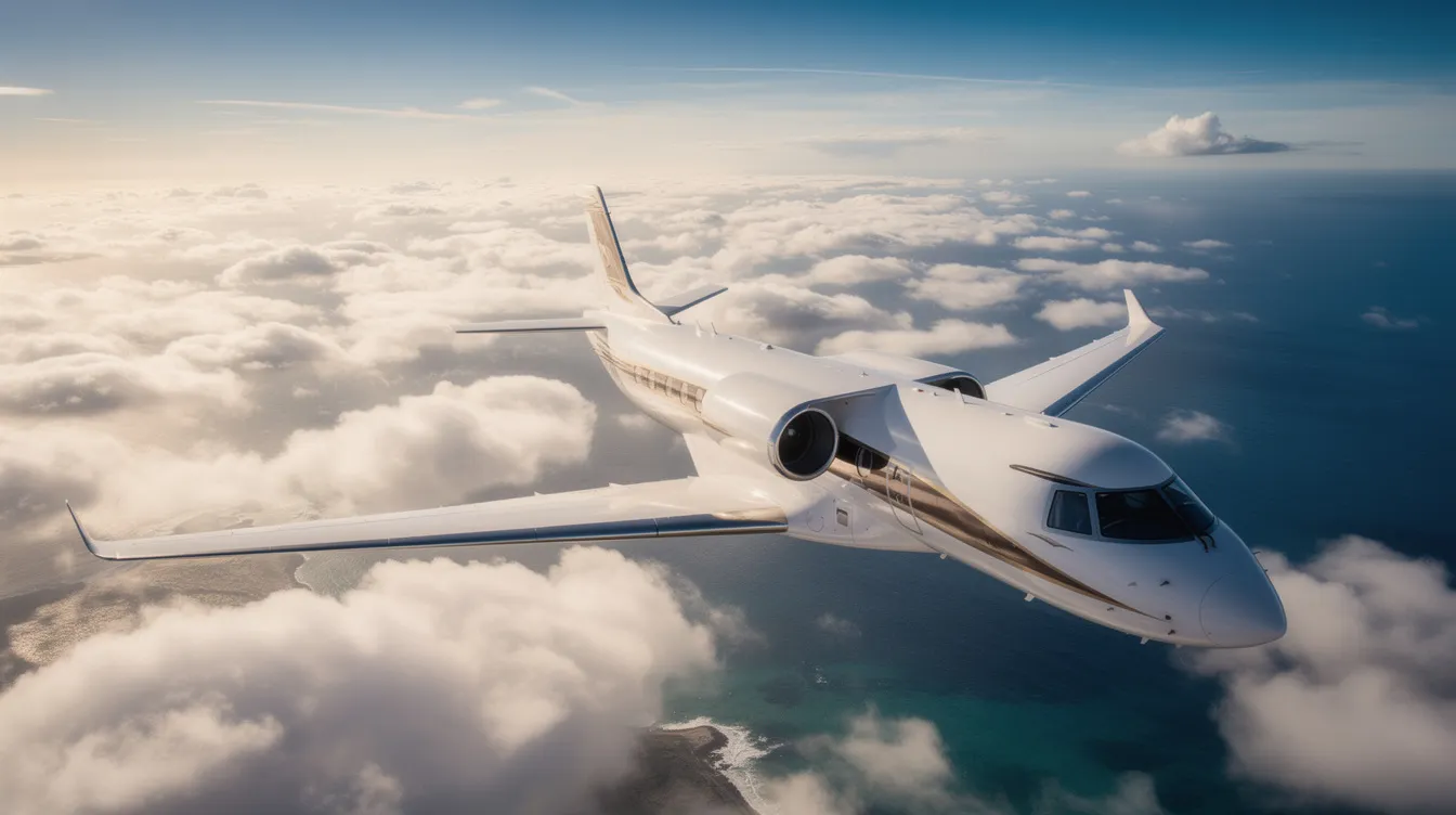 A large business jet soars above fluffy clouds, casting a shadow over the shimmering ocean waters below, showcasing the elegance and power of private aviation. This aircraft represents the pinnacle of luxury and performance in the private jet market, designed for those seeking comfort and efficiency in their travels.