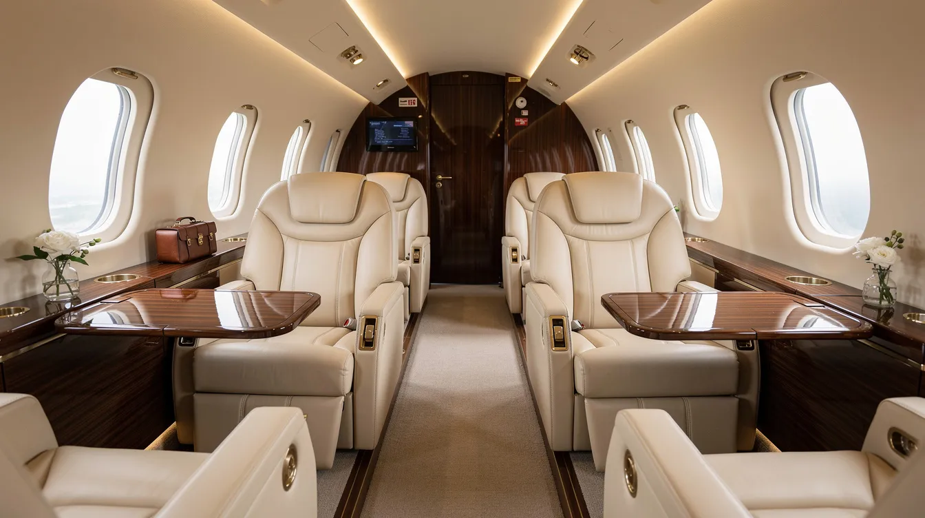 The image depicts the luxurious interior of a light private jet, featuring cream leather seats complemented by elegant wood accents. This spacious cabin is designed for comfort, catering to business aviation clients seeking a refined travel experience.