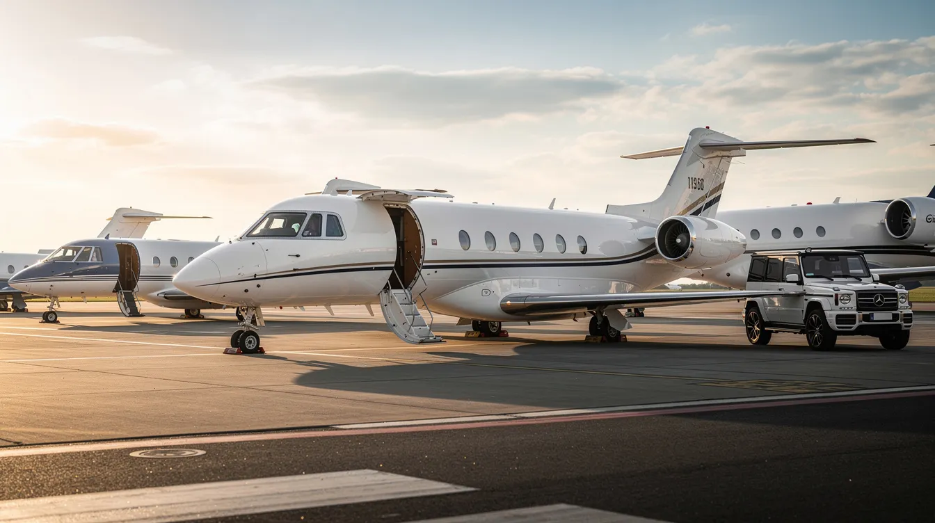 The image showcases a variety of private jet models, highlighting different categories such as light jets, midsize jets, and ultra-long range aircraft. Each jet features sleek designs and luxurious amenities, representing the high-performance standards of the private aviation market.
