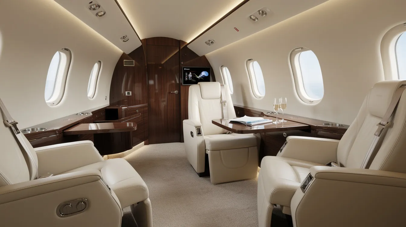 The image depicts the interior of a luxury private jet cabin, featuring plush leather seats and elegant wood trim, designed for comfort and style. This opulent setting is ideal for luxury travelers seeking an exceptional experience during private jet flights to destinations like Nice and the French Riviera.