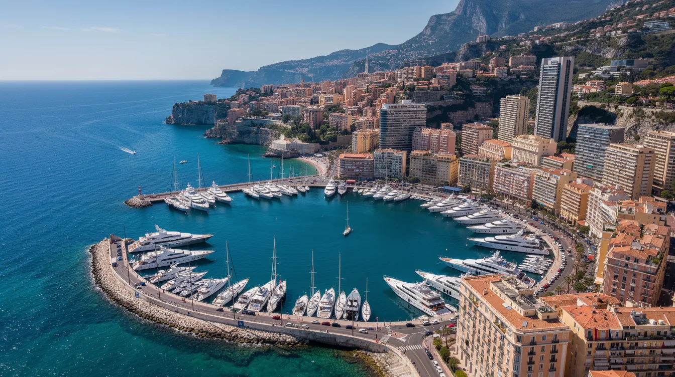 An aerial view of Monaco harbor showcases a stunning array of luxury yachts docked along the Mediterranean coastline, with the vibrant city of Monaco in the background. This picturesque scene highlights the allure of the French Riviera, a popular destination for luxury travelers arriving via private jet charters from Nice Côte d'Azur Airport.