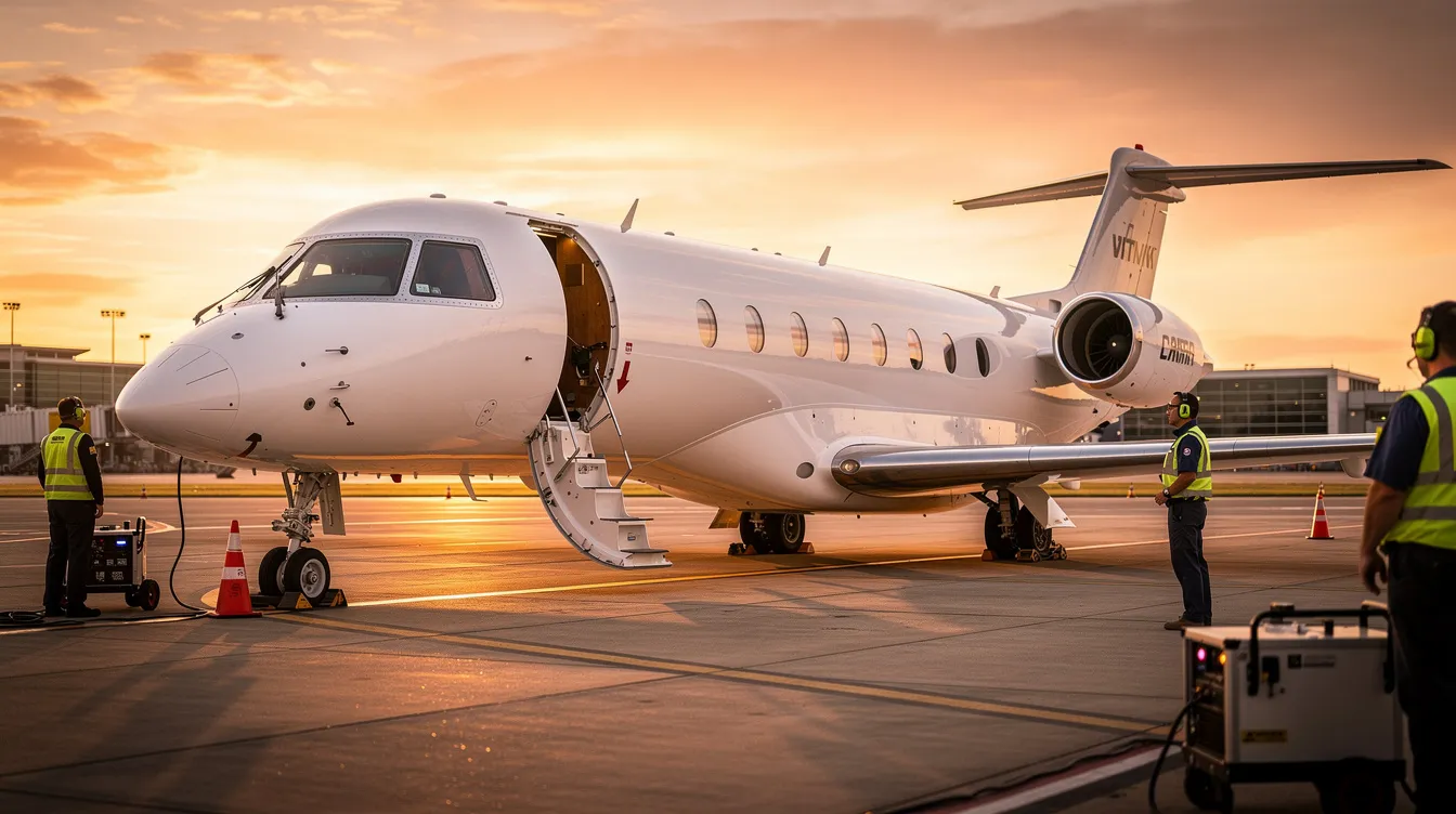 A sleek white private jet is parked on the airport tarmac during golden hour, with ground crew members nearby preparing for the next flight. This image captures the essence of private aviation, highlighting the convenience and luxury of private jet charter services.