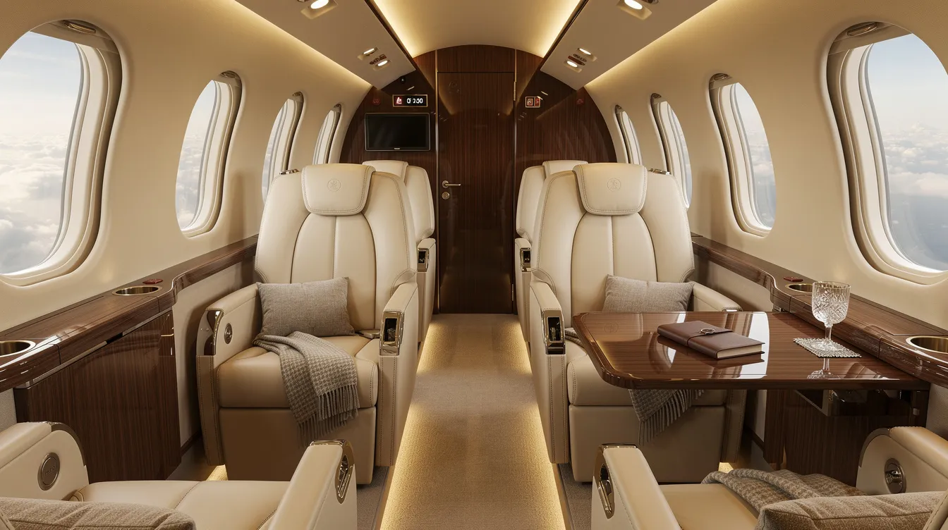 The image depicts the interior of a luxurious private jet cabin, featuring cream leather seats, elegant wood accents, and soft ambient lighting, creating a warm and inviting atmosphere for travelers. This setting exemplifies the comfort and sophistication of private jet travel, ideal for business and leisure travelers seeking personalized service and flexibility in their flying experience.