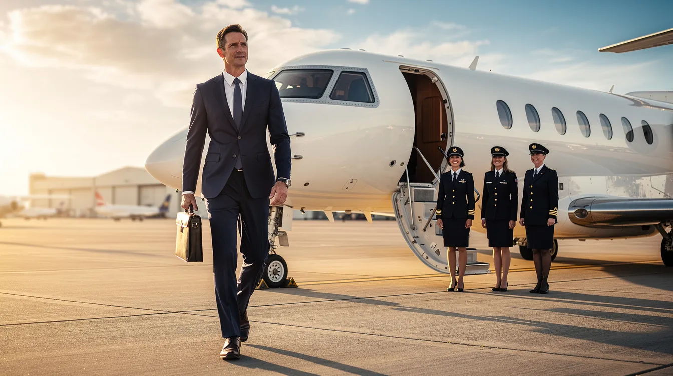 A business executive in a tailored suit walks confidently toward a sleek white private jet parked on the airport tarmac, where a crew stands ready at the stairs, exemplifying the convenience and luxury of private jet charter services. This scene highlights the ease of private flying, offering travelers direct access to their aircraft without the hassle of long security lines.