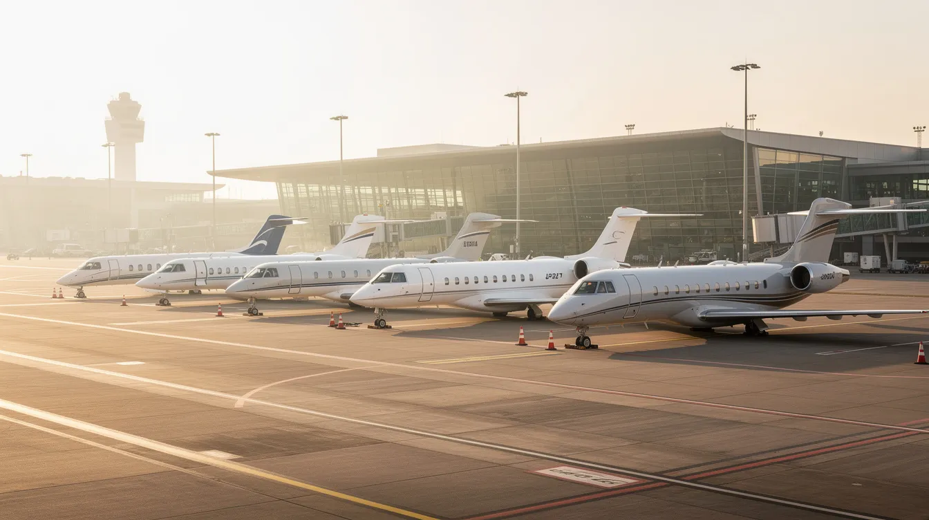 A row of various sized private jets is parked at an executive airport, showcasing a range of aircraft types from light jets to ultra long-range jets, highlighting the luxury and convenience of private jet travel. This image reflects the growing private aviation market, offering options for personalized itineraries and cost-effective travel solutions.