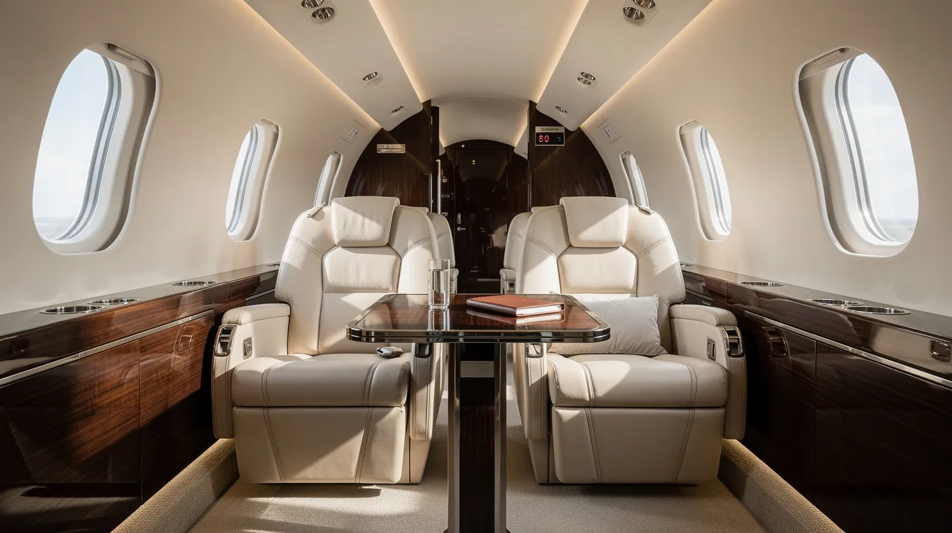 The image depicts the interior of a luxury private jet cabin, featuring plush leather seats and ample natural lighting that enhances the spacious atmosphere. This elegant setting exemplifies the comfort and sophistication associated with private jet travel and private aviation.