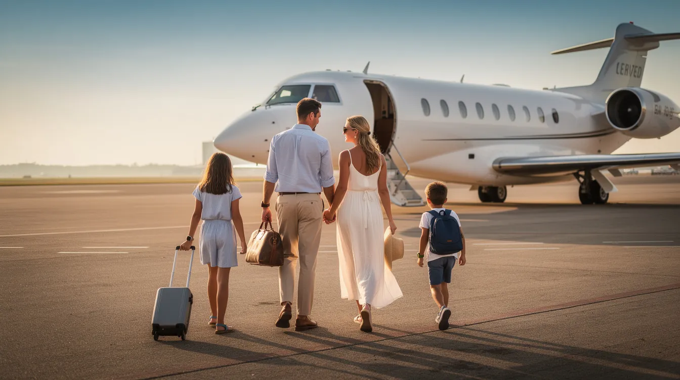A family is walking hand in hand toward a sleek private jet on a sunny tarmac, ready for their private jet travel experience. The scene captures the excitement of flying private, with the modern aircraft standing out against the clear blue sky.