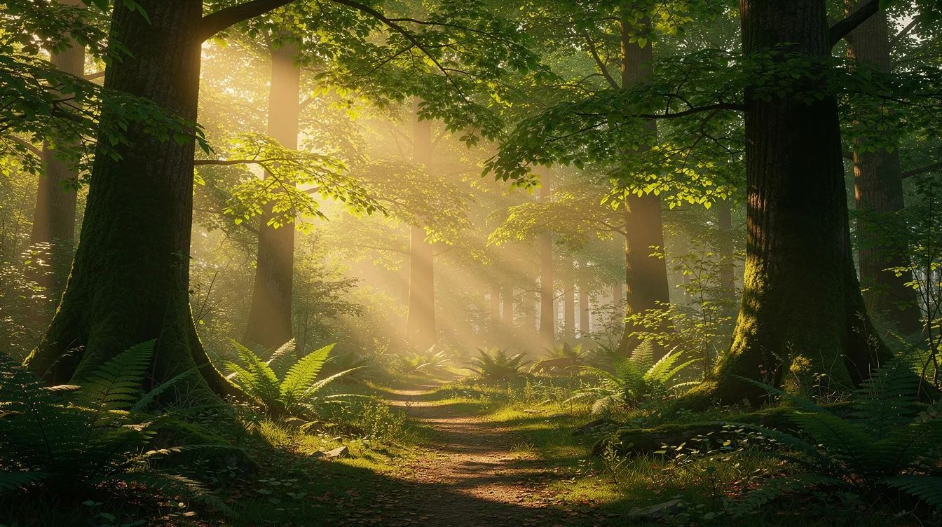 A serene green forest landscape is depicted, with sunlight gently filtering through the tall trees, creating a peaceful atmosphere. This natural setting contrasts with the bustling world of private aviation, where private jet travel offers a luxurious escape to different regions.