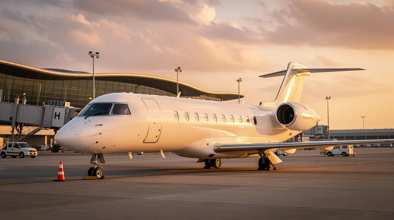 A sleek private jet is parked on the tarmac of a modern airport during golden hour, casting a warm glow over the scene, with the San Jose International Airport in the background. This image captures the essence of luxury travel, ideal for business travelers and those seeking private jet charter services in Silicon Valley.