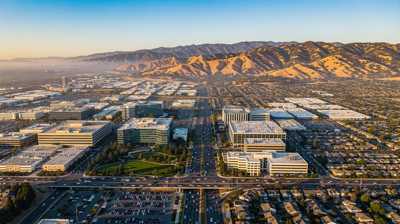 An aerial view of Silicon Valley showcases a blend of urban landscapes and surrounding mountains, highlighting the tech hub's vibrant city center, including San Jose. This image reflects the region's significance as a destination for business travelers, with convenient access to private jet charter services and nearby airports like San Francisco International and Mineta San Jose International.