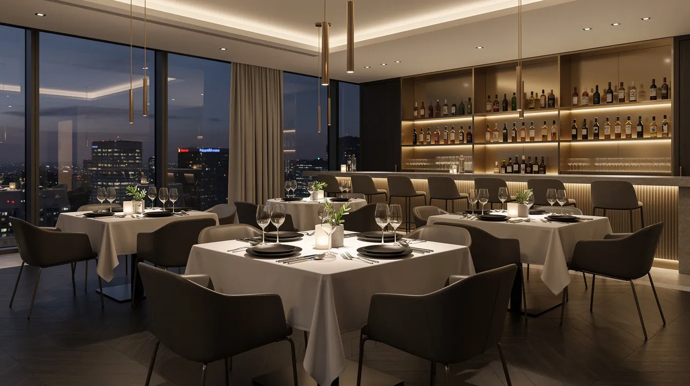 The image depicts an elegant restaurant interior featuring a modern dining setup, with stylish furnishings and ambient lighting that create a sophisticated atmosphere. This upscale dining space is perfect for business travelers seeking a luxurious experience near San Jose's city center.