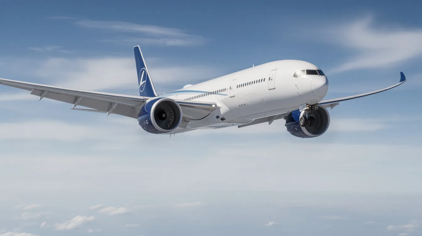 The image showcases a Boeing 777X, a unique aircraft design featuring impressive folding wingtips that enhance its long-range capabilities. This new generation jet, which is expected to serve airlines like Qatar Airways and Singapore Airlines, represents Boeing's commitment to efficiency and innovation in aviation.