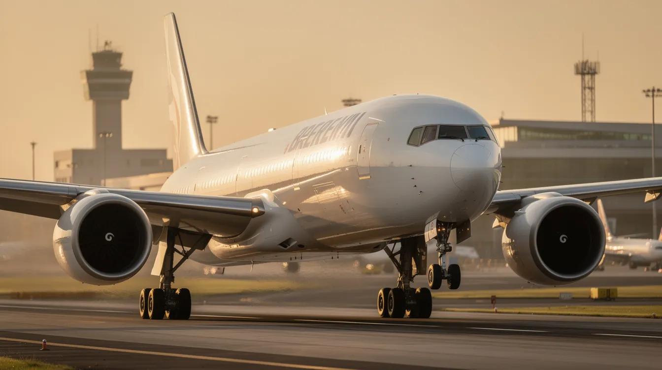 The image features a Boeing 777, a unique aircraft design known for its impressive range and fuel efficiency. Various airlines like Singapore Airlines, Qatar Airways, and Emirates operate this long-range jet, which is a key player in modern aviation with advanced features such as folding wingtips and powerful engines.