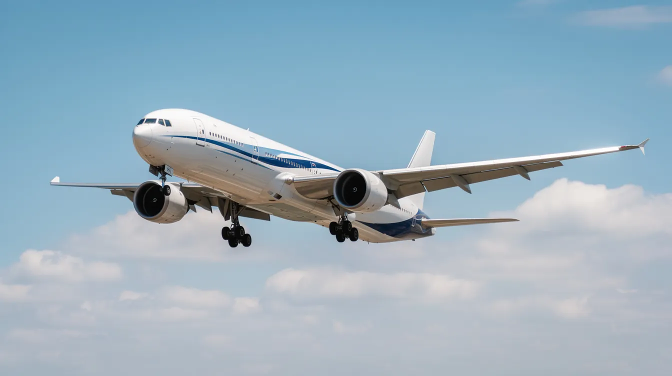 The image features a Boeing 777, a unique aircraft design known for its impressive range and fuel efficiency. Various airlines like Singapore Airlines, Qatar Airways, and Emirates operate this long-range jet, which is a key player in modern aviation with advanced features such as folding wingtips and powerful engines.