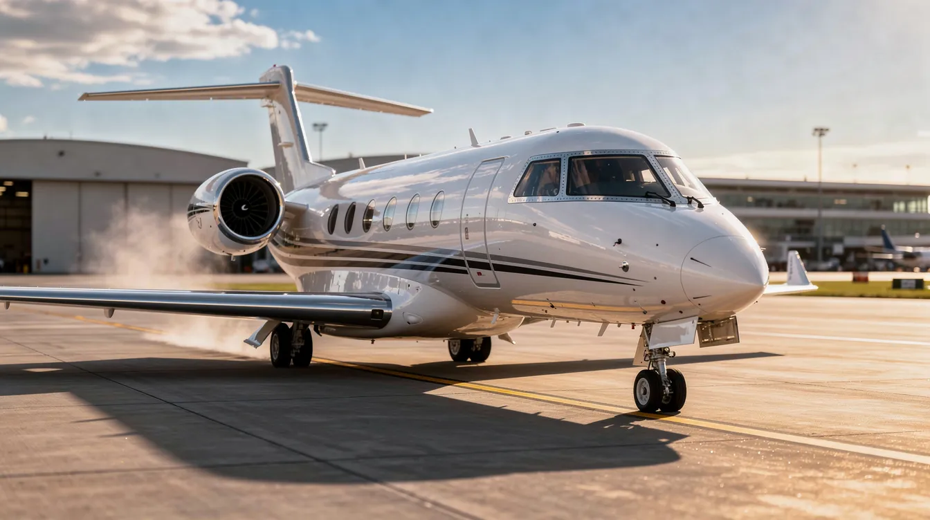 A sleek private business jet, resembling a Boeing 737, is positioned on the runway, ready for departure. The aircraft features an aerodynamic design and is outfitted for passenger comfort, with spacious seating and modern amenities.