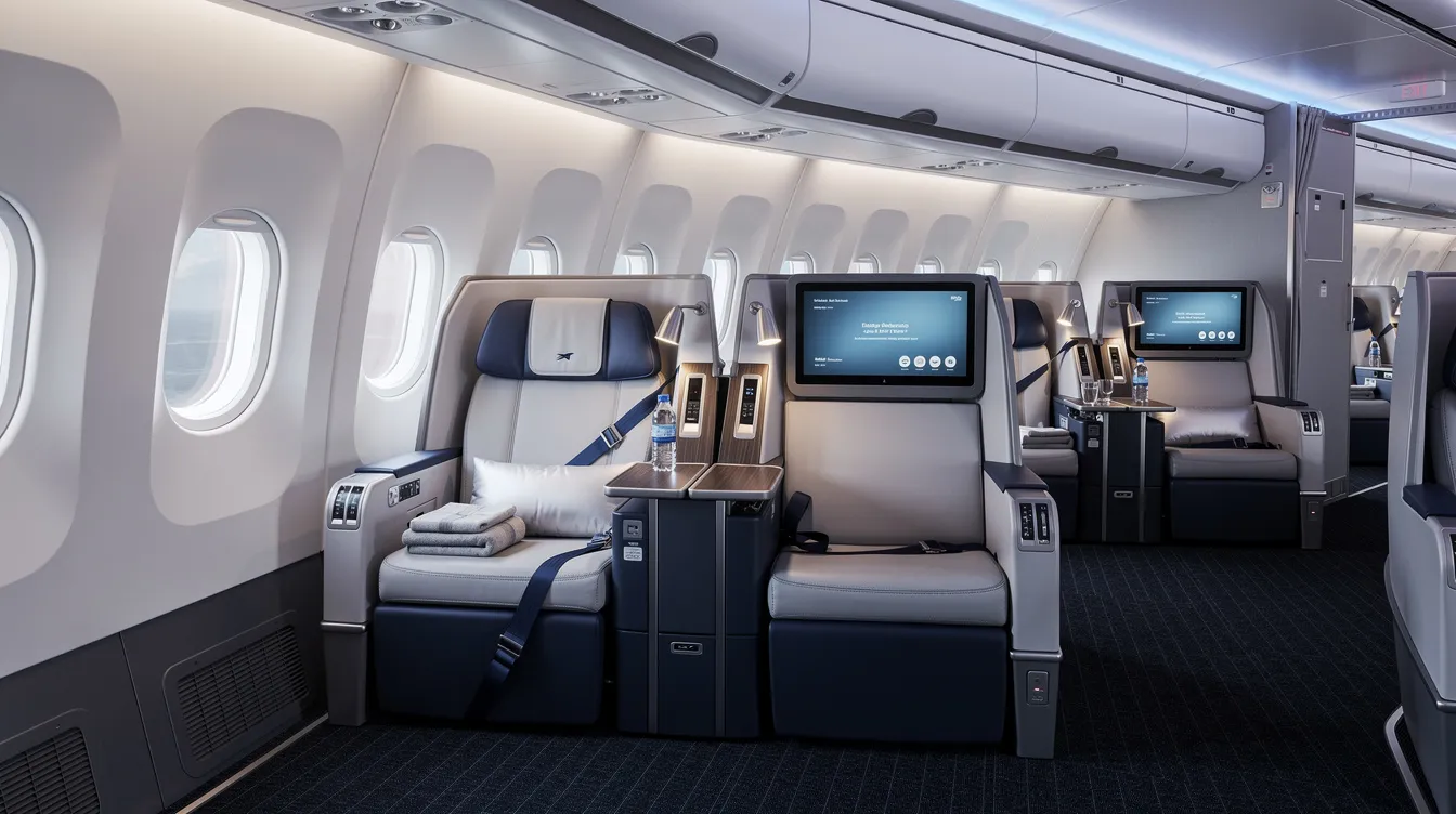 The image depicts a modern Boeing aircraft cabin interior featuring comfortable business class seating with spacious seat width and movable armrests, designed to enhance passenger comfort during flights. The cabin is outfitted with personal device holders and Wi-Fi access, showcasing the next generation of airline service.