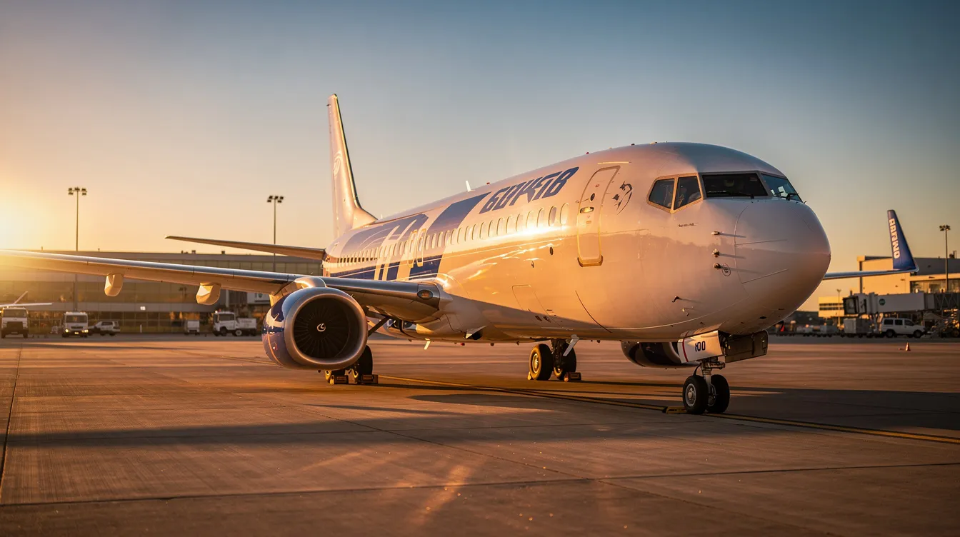 A Boeing 737-800 commercial aircraft is parked on the airport tarmac during golden hour, showcasing its sleek design and impressive wingspan. The narrow-body aircraft is ready for passengers, featuring a comfortable main cabin with movable armrests and ample seating capacity.
