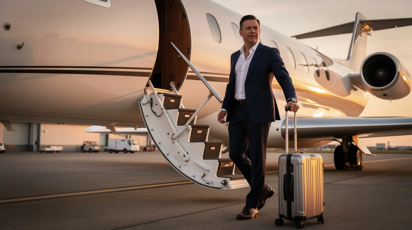 A business executive is boarding a private jet, carrying luggage, with the sleek design of a narrow body aircraft in the background. The scene captures the essence of luxury travel, emphasizing passenger comfort and the efficiency of modern aviation.