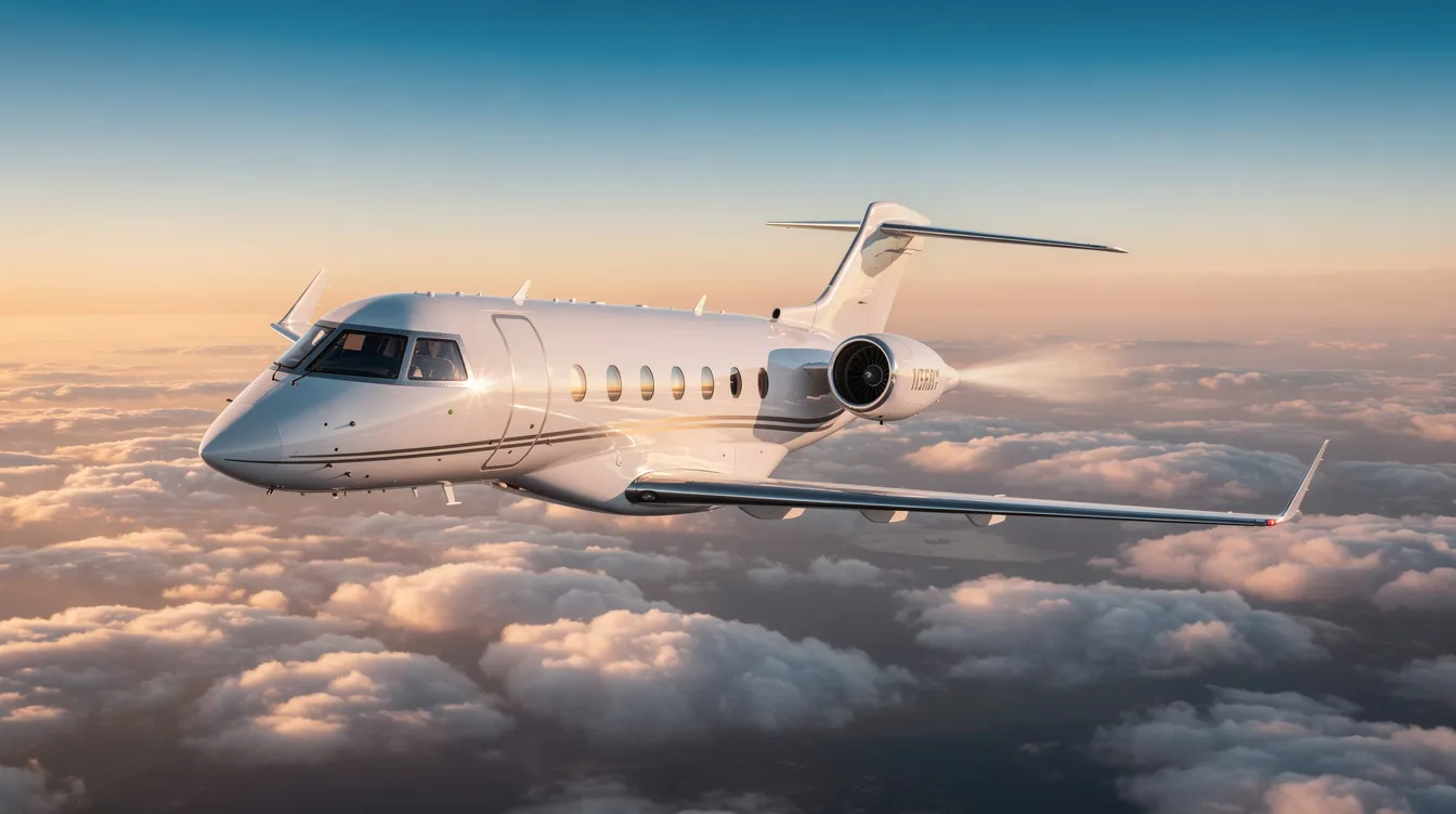 A sleek private jet is showcased against a clear blue sky, highlighting its modern design and compact size as a small plane. The aircraft exudes a sense of luxury and simplicity, perfect for quick flights and a great travel experience.