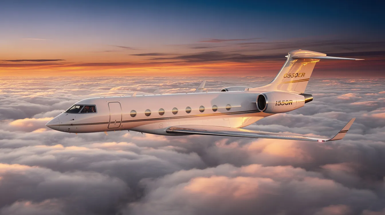 A Gulfstream G650ER business jet soars above a sea of clouds, bathed in the warm hues of a sunset, symbolizing the ultimate luxury of private aviation. This aircraft, favored by billionaires for its spacious cabin and fuel efficiency, exemplifies seamless travel for business leaders attending international meetings.