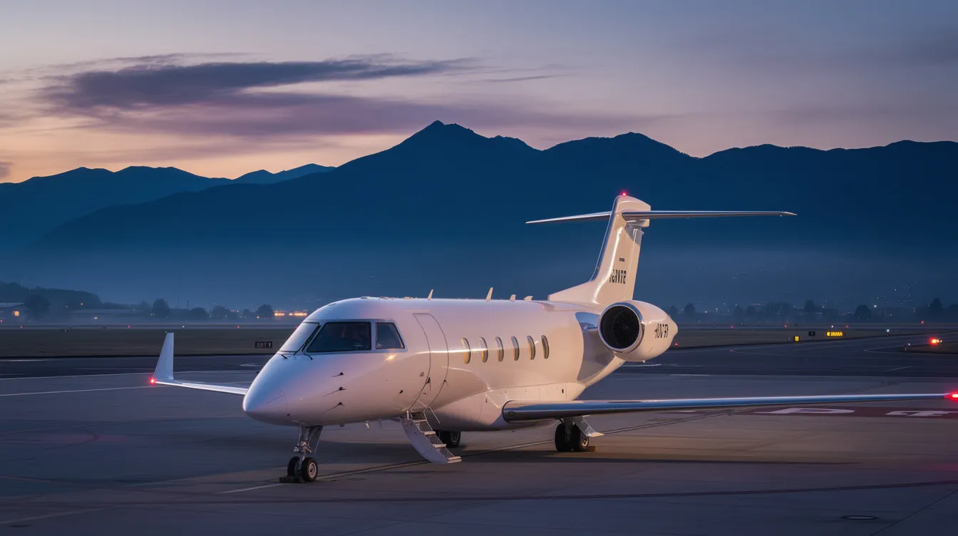 A luxurious private jet is parked on the tarmac at dusk, with a stunning backdrop of mountains. This scene reflects the ultimate luxury of private aviation, often utilized by business leaders for international meetings and seamless travel.
