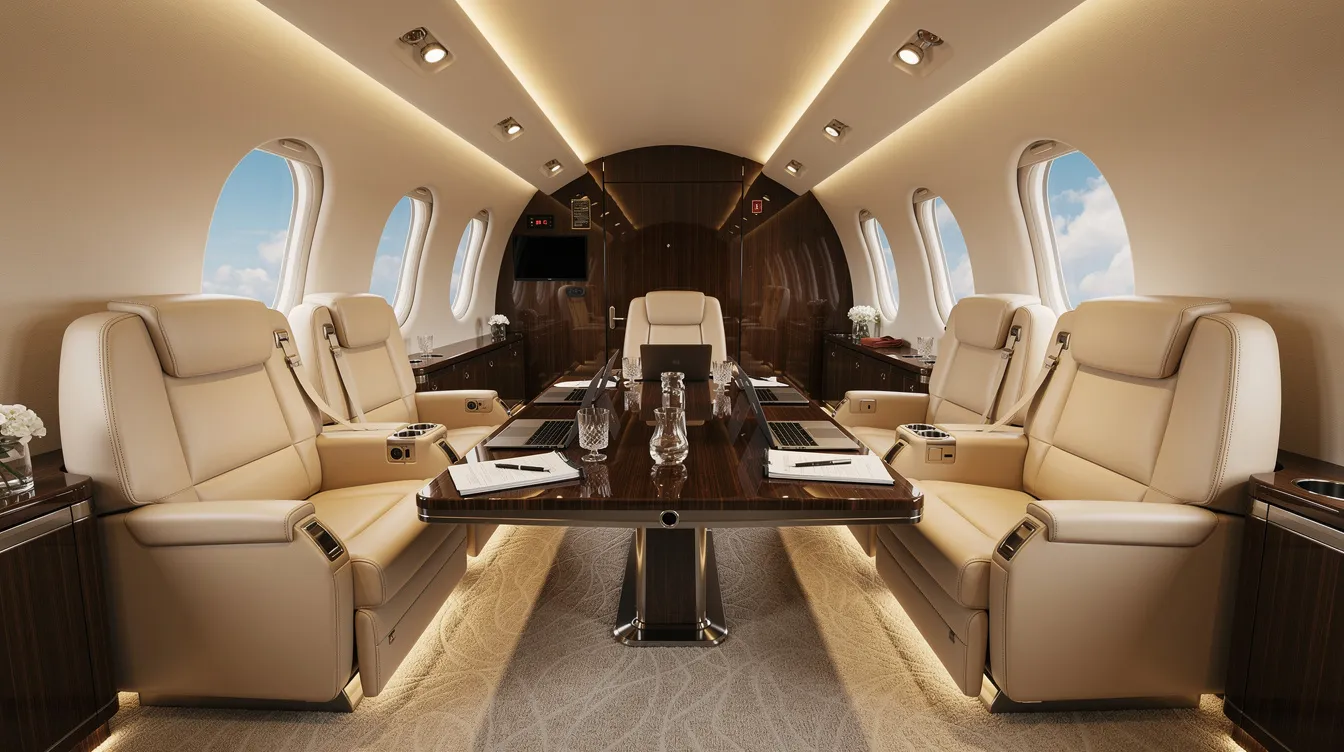 The image depicts the luxurious interior of a private jet, featuring plush leather seating arranged around a sleek conference table, ideal for business meetings among elite business leaders. This elegant cabin design highlights the ultimate luxury and comfort associated with private aviation, catering to the needs of billionaires and their global business endeavors.