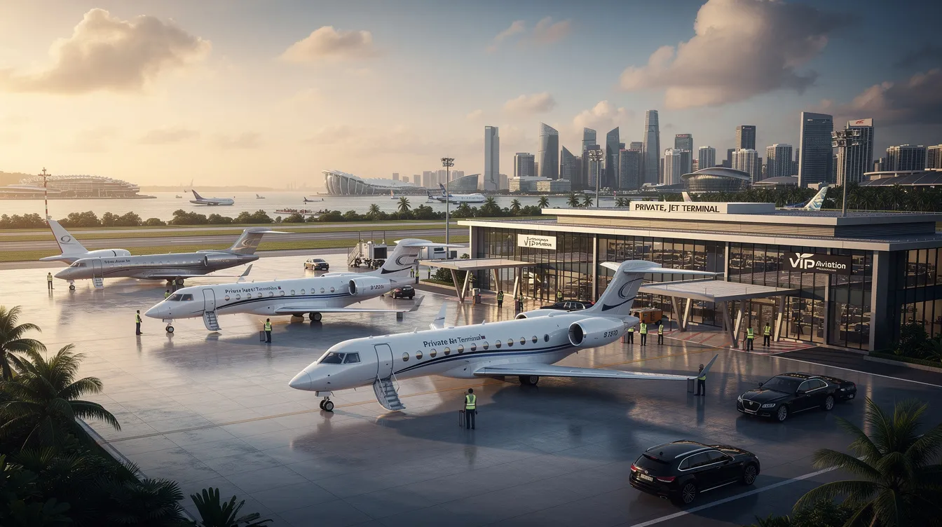 The image showcases Singapore's top private jet airports, highlighting the luxurious facilities available for private jet travelers, including private terminals and VIP lounges. Iconic landmarks like Marina Bay Sands and the lush greenery of the Singapore Botanic Gardens can be seen in the background, emphasizing the city's appeal for business and luxury tourism.