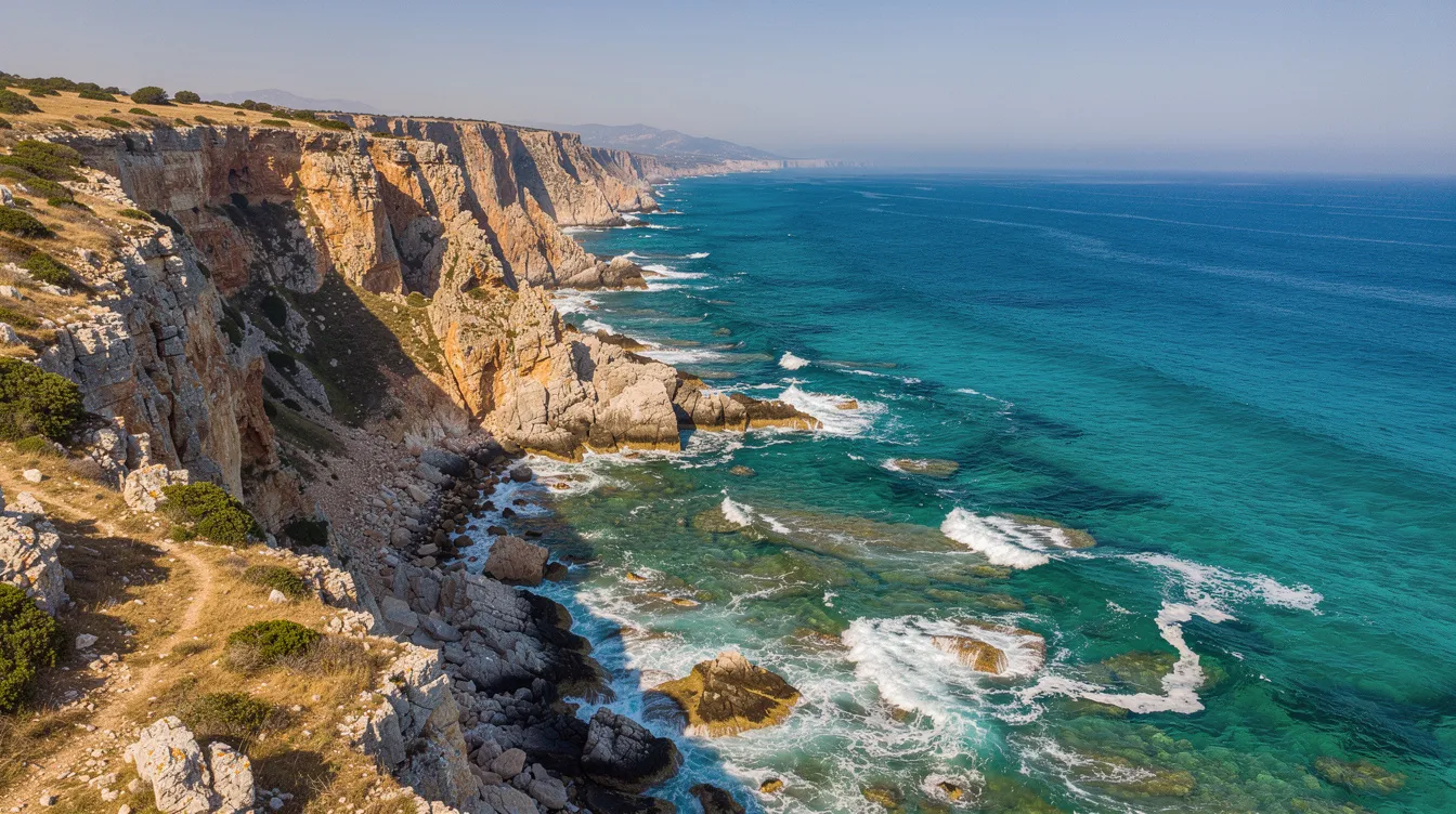 An aerial view captures the dramatic beauty of the Mediterranean coastline, showcasing rocky cliffs plunging into a turquoise sea. This stunning landscape evokes the essence of Italy, inviting travelers to explore destinations like the Amalfi Coast and the eternal city of Rome.