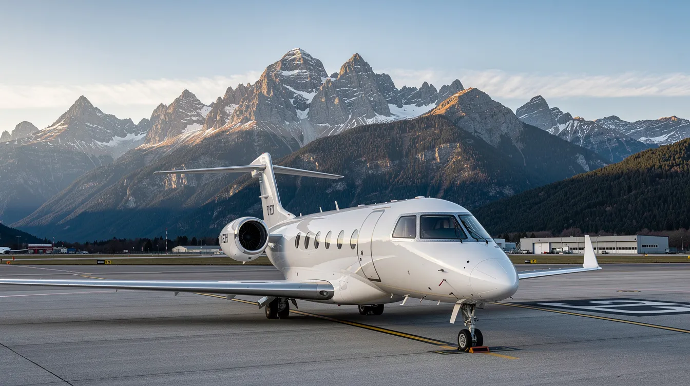A sleek private jet is parked on the tarmac, with the stunning Italian Alps visible in the background, showcasing the beauty of Italy. This scene evokes a sense of luxury travel, perfect for those embarking on a journey to explore destinations like Milan, Rome, or the Amalfi Coast.