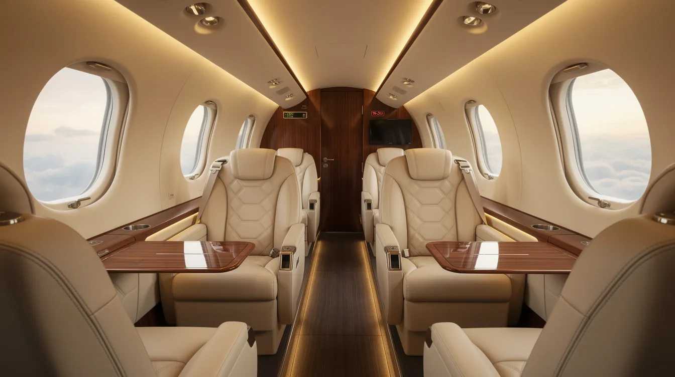 The image showcases a luxurious cream leather interior of a private jet cabin, featuring elegant ambient lighting that creates a serene atmosphere for passengers. This opulent setting embodies the essence of travel in Italy, offering a glimpse into the comfort and beauty of private air travel.