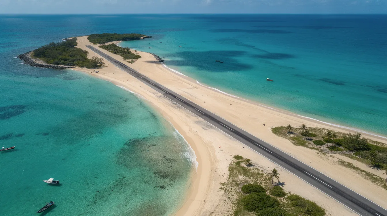 An aerial view captures a small coastal runway bordered by turquoise waters and sandy beaches, ideal for turboprop private planes and regional travel. The scene highlights the beauty of private aviation, showcasing the perfect setting for shorter flights to remote airports.