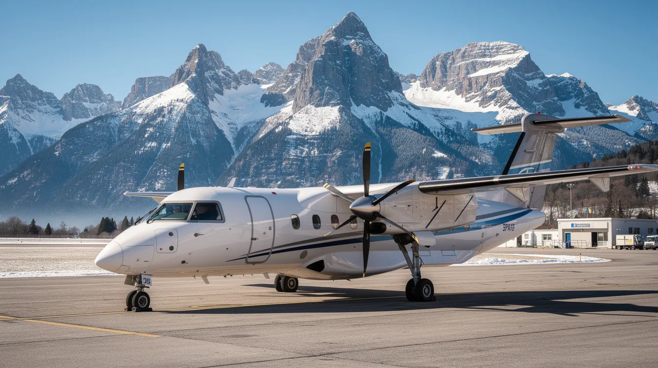 A modern turboprop aircraft is parked at a small mountain airport, surrounded by breathtaking snow-capped peaks in the background. This private aviation scene highlights the aircraft's sleek design and the tranquil setting of a remote airport, perfect for regional travel and shorter flights.