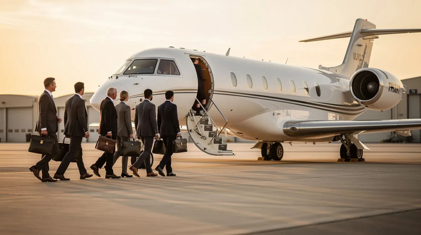 A group of business professionals in formal attire is boarding a sleek turboprop private jet, ready for their private flight. The aircraft features advanced avionics and spacious interiors designed for comfort, highlighting the appeal of private aviation for business meetings and regional travel.