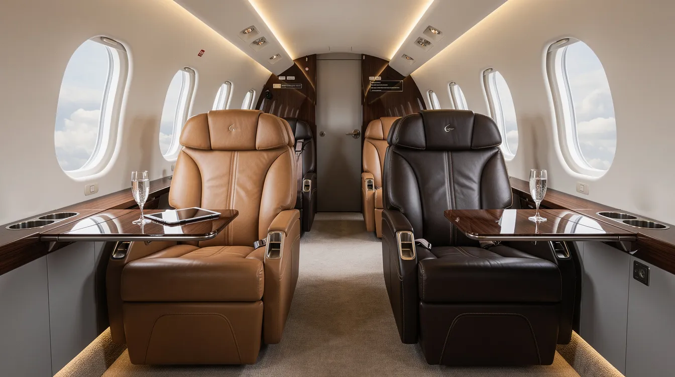 The image depicts a luxurious leather executive seating arrangement inside a modern private aircraft cabin, showcasing spacious interiors designed for comfort during private flights. The elegant design emphasizes the high-performance capabilities of turboprop private planes, ensuring passengers enjoy a premium travel experience.