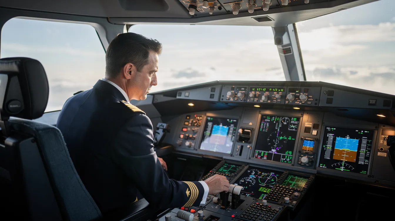 A professional pilot in a crisp uniform is intently checking flight instruments inside a modern jet cockpit, ensuring everything is in order for the upcoming private jet charter flight. The cockpit is equipped with advanced technology that aids in calculating flight distance, time, and other key factors for a smooth journey.