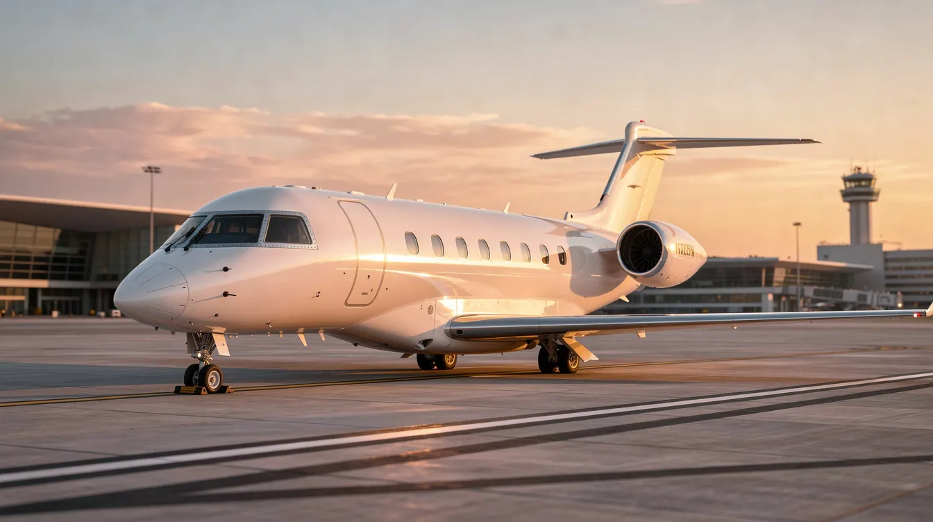 A sleek white private jet is parked on a modern airport tarmac, bathed in the warm glow of golden hour. This image captures the essence of private jet travel, highlighting the luxury and convenience of charter flights, perfect for those looking to calculate private jet charter costs.