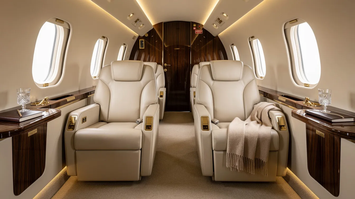 The image shows the luxurious interior of a private jet cabin, featuring cream leather seats and elegant wood paneling, creating a sophisticated atmosphere for private jet travel. This setting exemplifies the comfort and style associated with private jet charter flights, ideal for business or leisure trips.