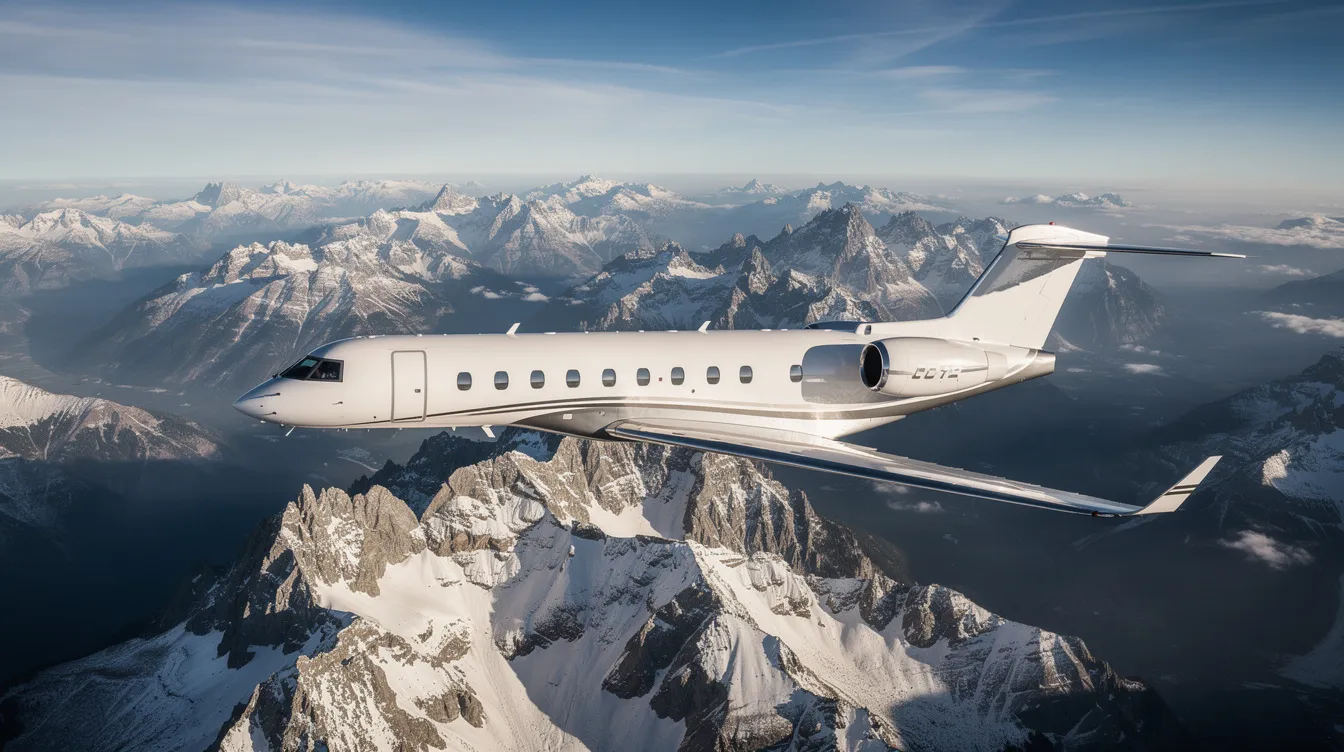 An aerial view captures a sleek private jet soaring over majestic snow-capped mountain peaks, symbolizing the luxury of private jet travel. This image reflects the allure of charter flights, highlighting the beauty of scenic destinations accessible through private jet charters.
