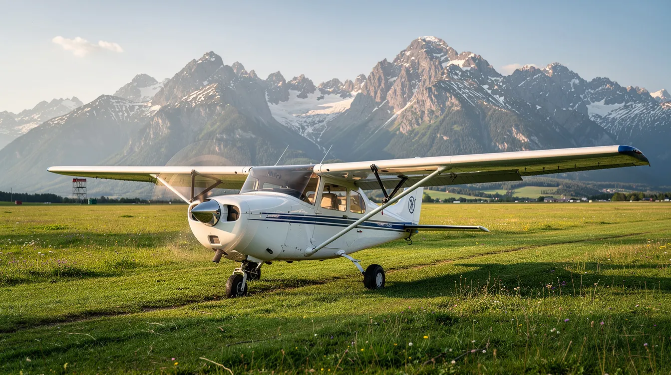 A small single-engine light sport aircraft with folding wings is parked in a grassy field, surrounded by mountains in the background. This certified aircraft exemplifies the versatility of homebuilt aircraft, offering builders the opportunity to create their own aircraft with various engine options and construction materials.