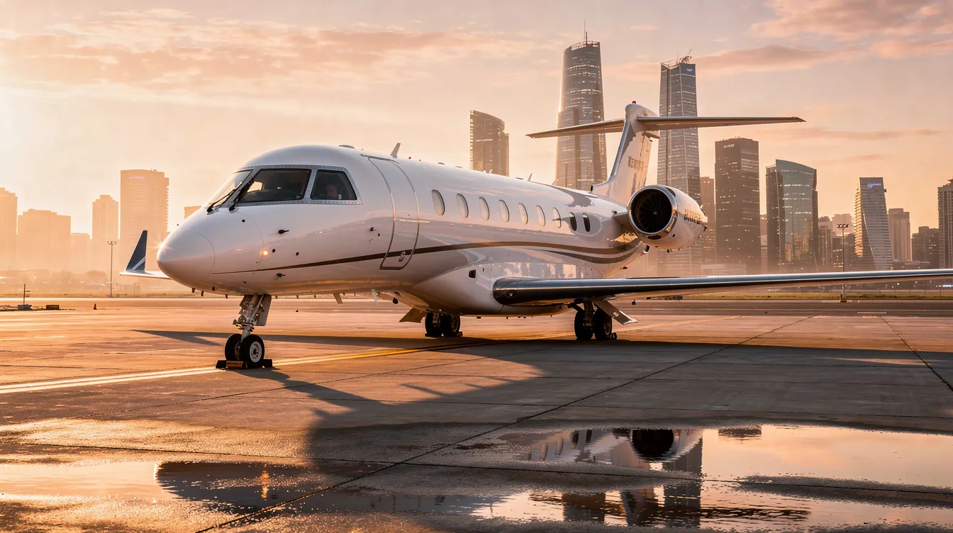 A sleek private jet is parked on the airport tarmac during golden hour, with a stunning city skyline illuminated in the background. The aircraft, designed for optimal performance, showcases a modern aesthetic that highlights the beauty of aviation.
