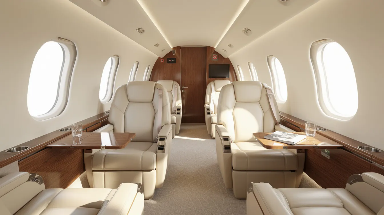 The image depicts the interior of a spacious private jet cabin featuring luxurious leather seats bathed in natural light, creating an inviting atmosphere. This elegant setting exemplifies the comfort and style associated with private jets, highlighting the quality of pre-owned aircraft available for sale.