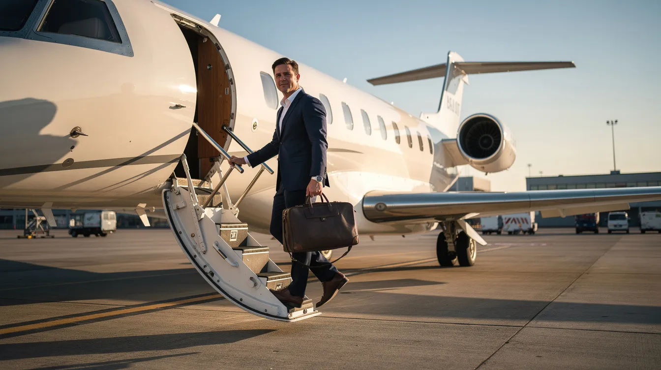 An executive is boarding a sleek private jet on a sunny tarmac, surrounded by a clear blue sky, showcasing the luxury and convenience of pre-owned aircraft for sale. The scene highlights the sophistication of private jets, ideal for travel across Europe and Asia.