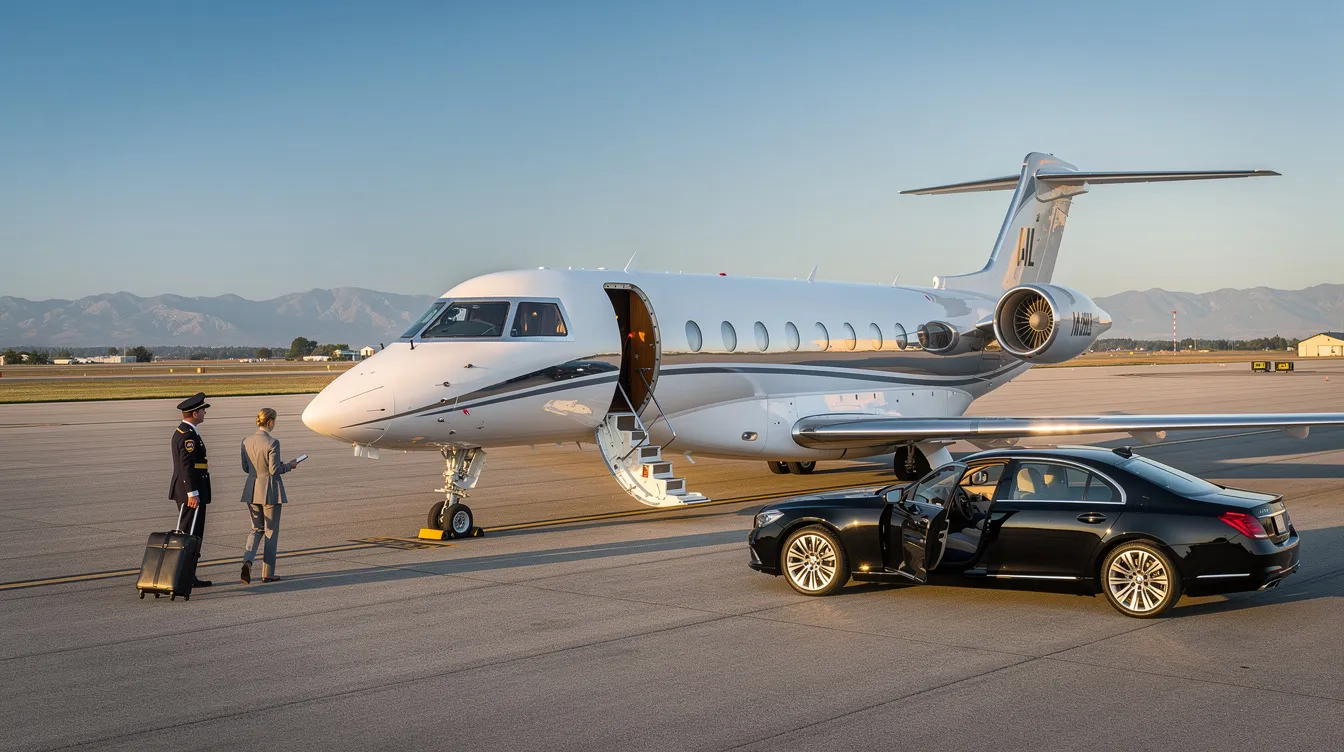 The image depicts a luxurious private jet parked at Dallas Love Field Airport, showcasing its sleek design and spacious cabin interior, which is equipped with top-notch amenities for an elevated travel experience. This representation of private aviation highlights the personalized service and comfort offered to passengers, making it an ideal choice for both leisure and business travel in Texas.