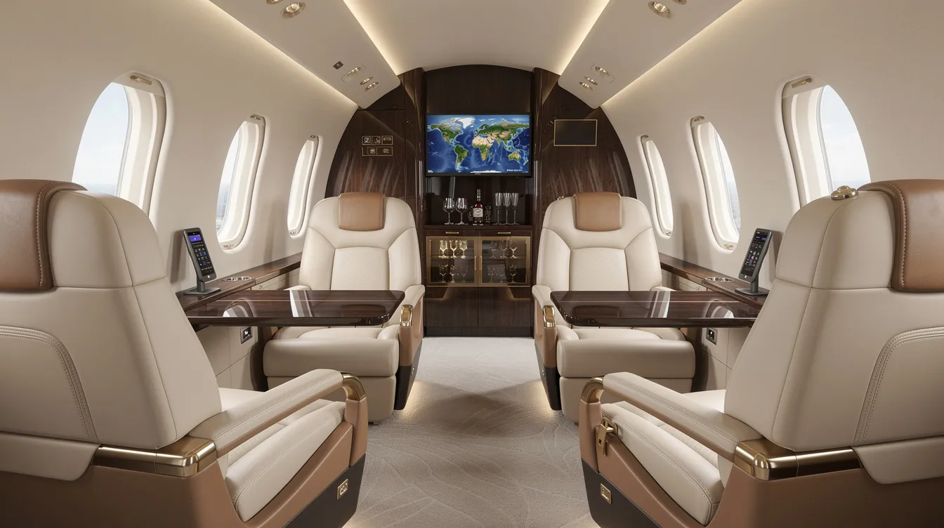 The image depicts the interior of a luxury private jet, featuring plush leather seats and modern amenities designed for comfort and convenience. This elevated travel experience highlights the sophistication of private jet charters, perfect for leisure travel or business trips from Dallas Love Field Airport.