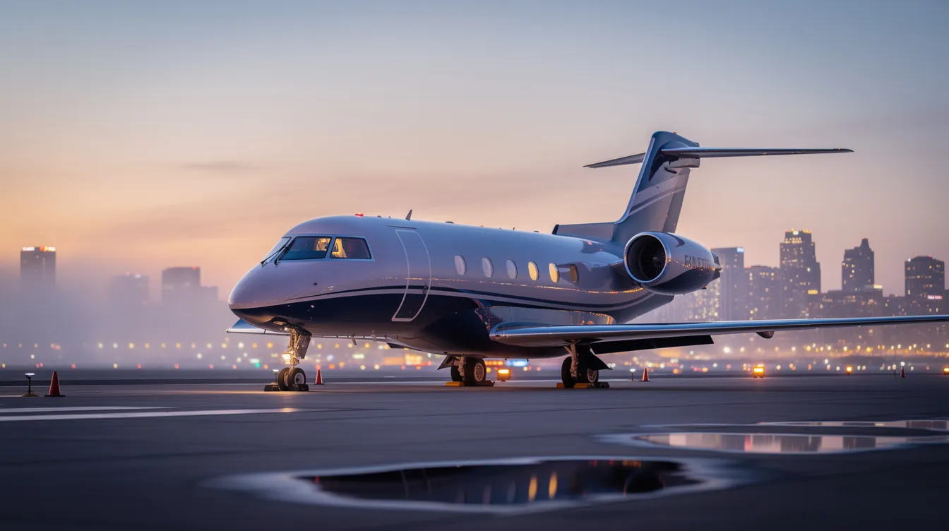 A private jet is parked on the tarmac at dusk, with the shimmering lights of the Dallas skyline in the background, showcasing the luxury and convenience of private flight. This scene captures the essence of elevated travel experiences, perfect for leisure or business journeys.