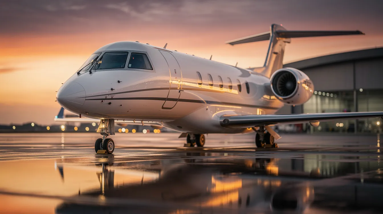 The image showcases a luxurious private jet interior, featuring spacious seating and polished wood veneers that enhance the cabin design. With advanced entertainment systems and ample space for passengers, this modern private jet offers an unmatched in-flight experience, unlike commercial aircraft.